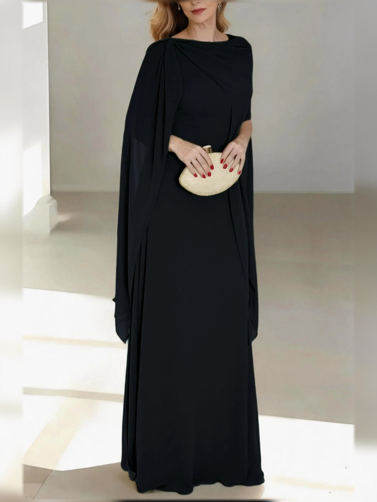 Black draped V-neck chiffon floor-length dress with flowing cape sleeve
