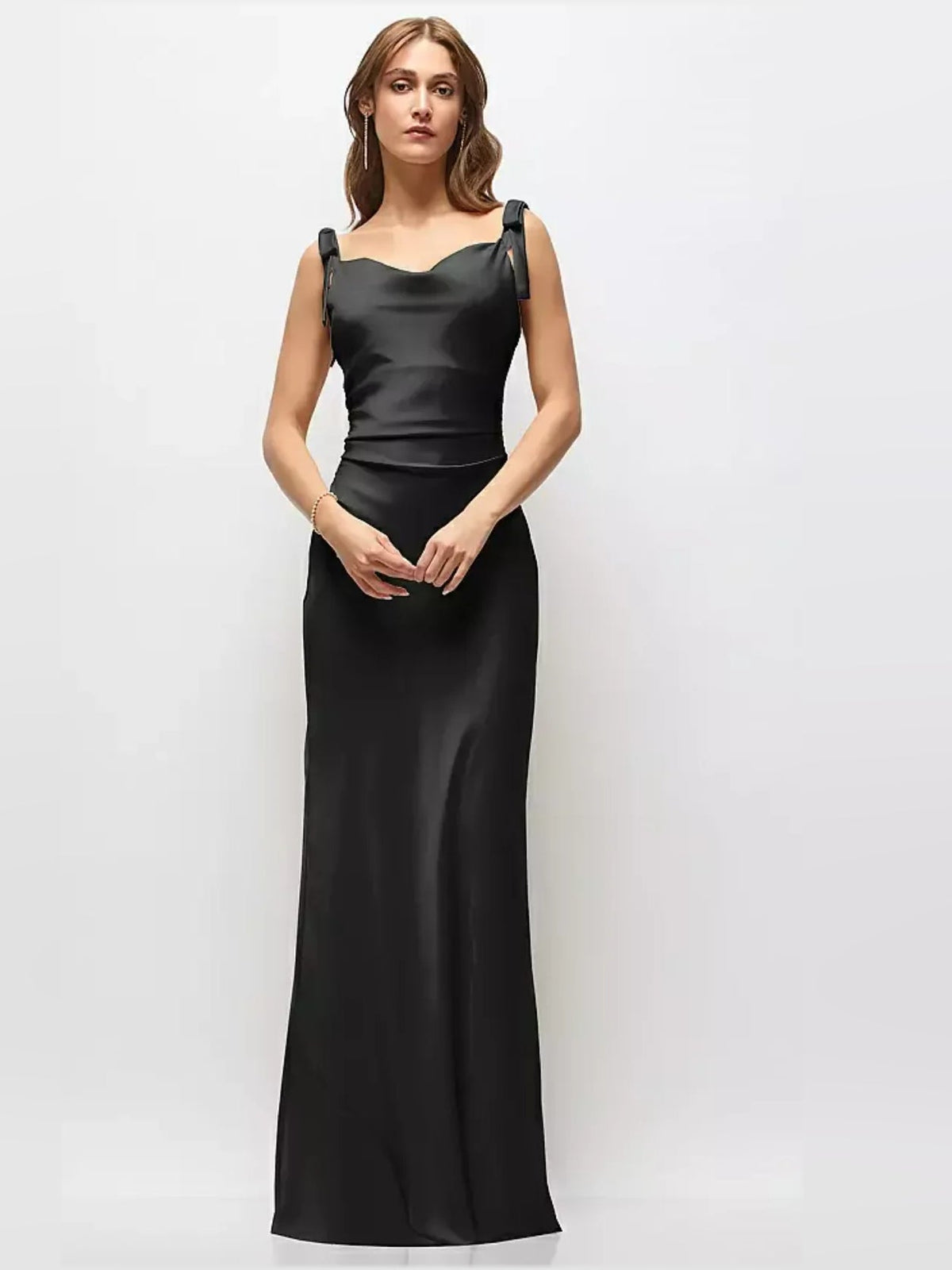 Ruched satin maxi dress with bow spaghetti straps, black