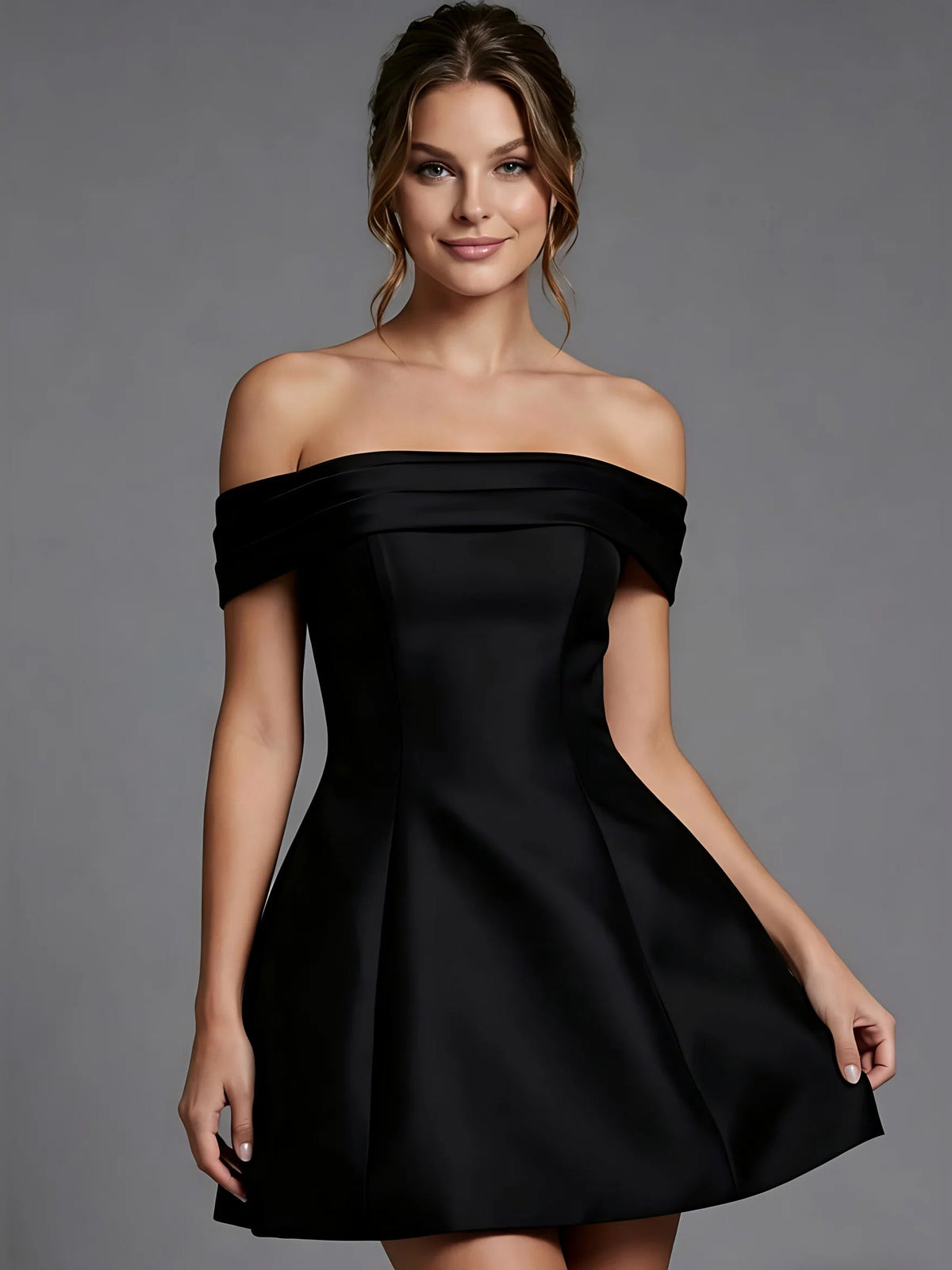 Black satin off-shoulder mini dress with A-line skirt and corset bodice