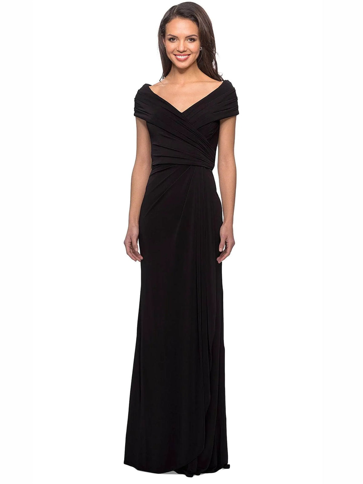Black off-shoulder sheath formal dress with ruched wrap bodice and cap sleeves