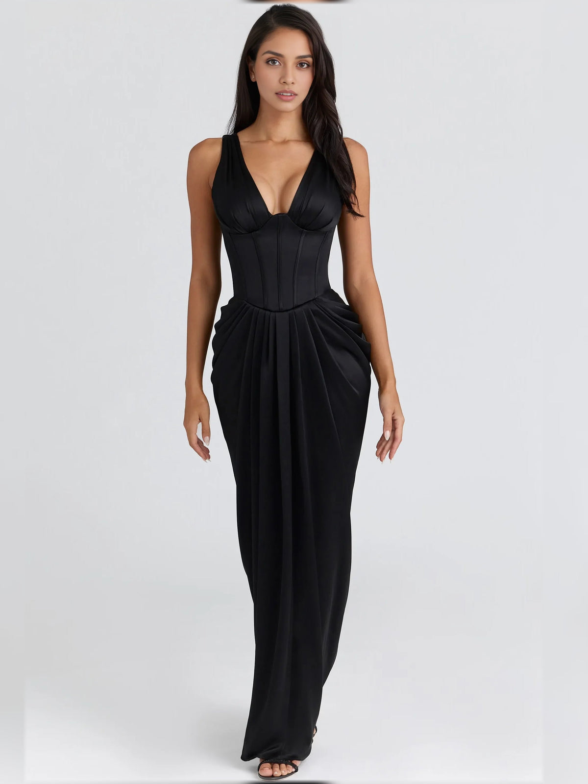 Black sleeveless V-neck corset pleated floor-length formal dress