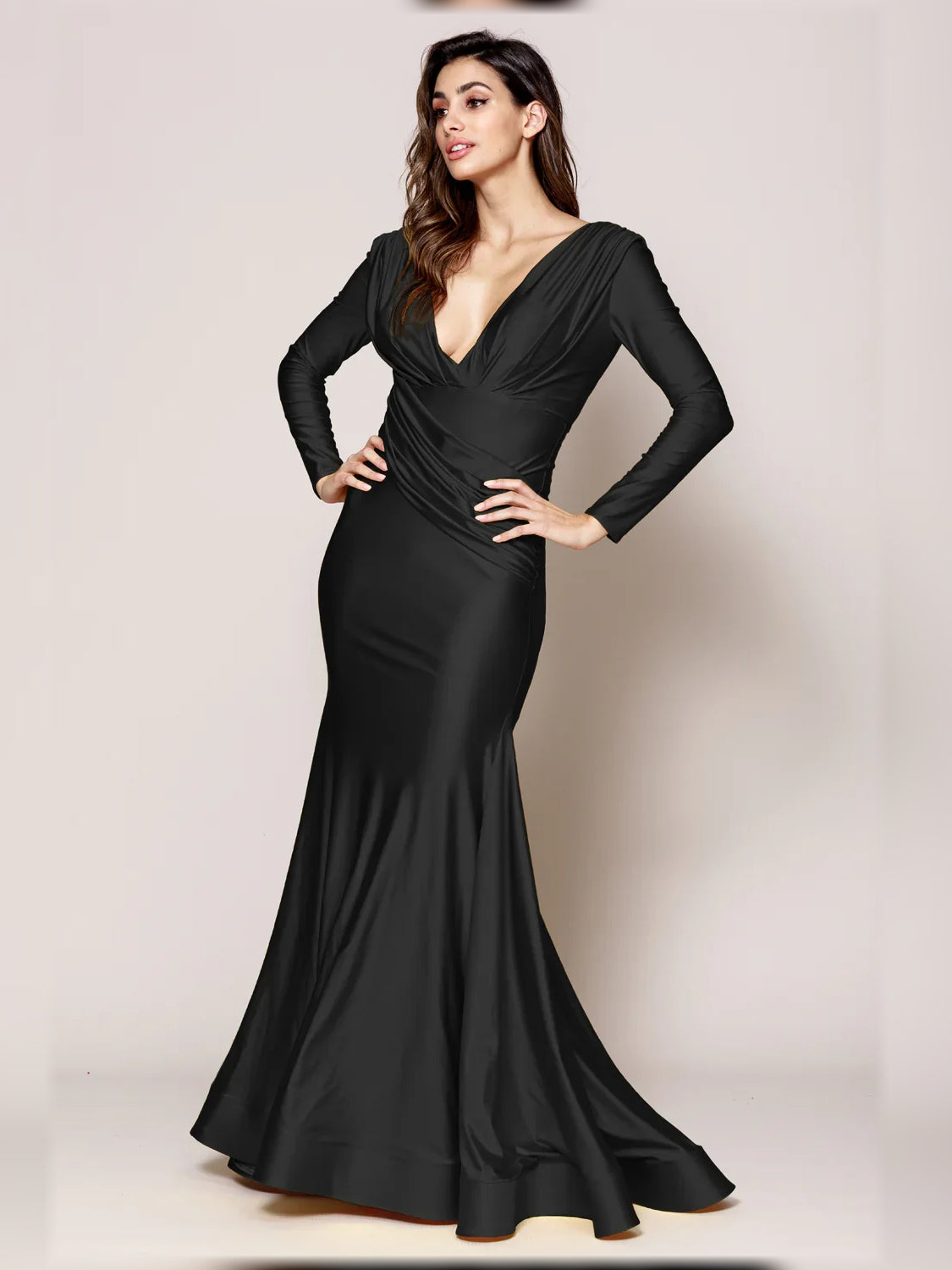 Floor-length ruched V-neck long-sleeve formal dress in black satin
