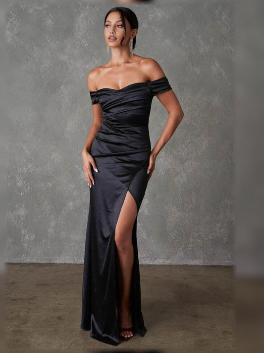 Black off-shoulder maxi formal dress with ruched bodice and front slit