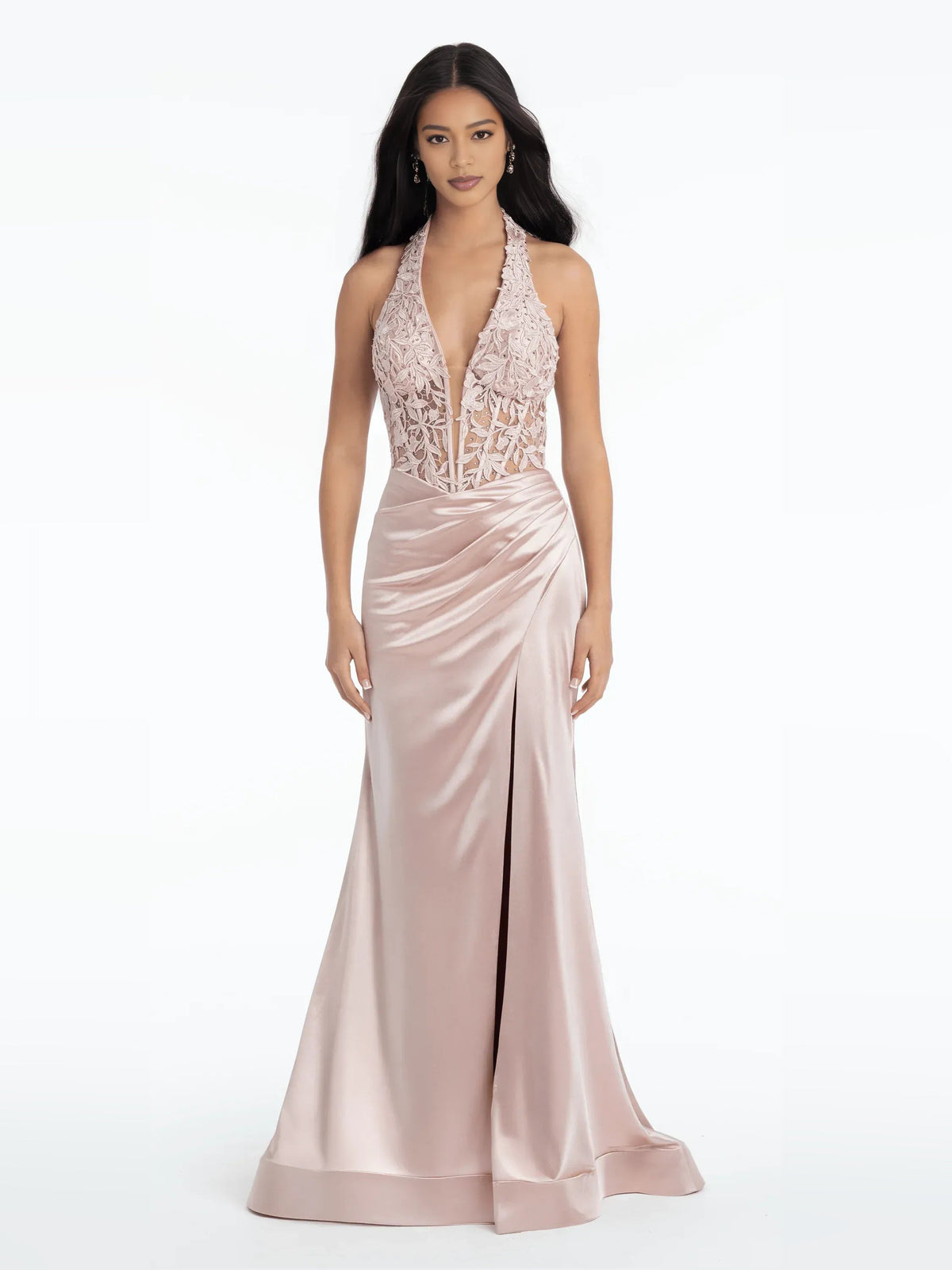Blush pink halter neck corset mermaid dress, lace halter bodice with satin draped skirt