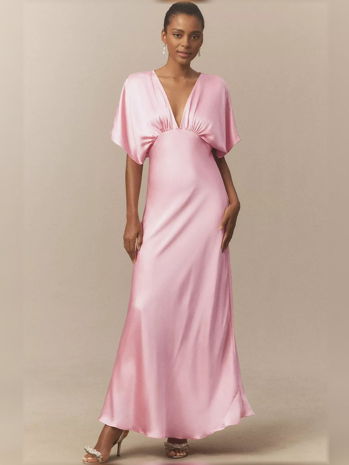Blush pink satin V-neck column maxi dress with short batwing sleeves and gathered bust