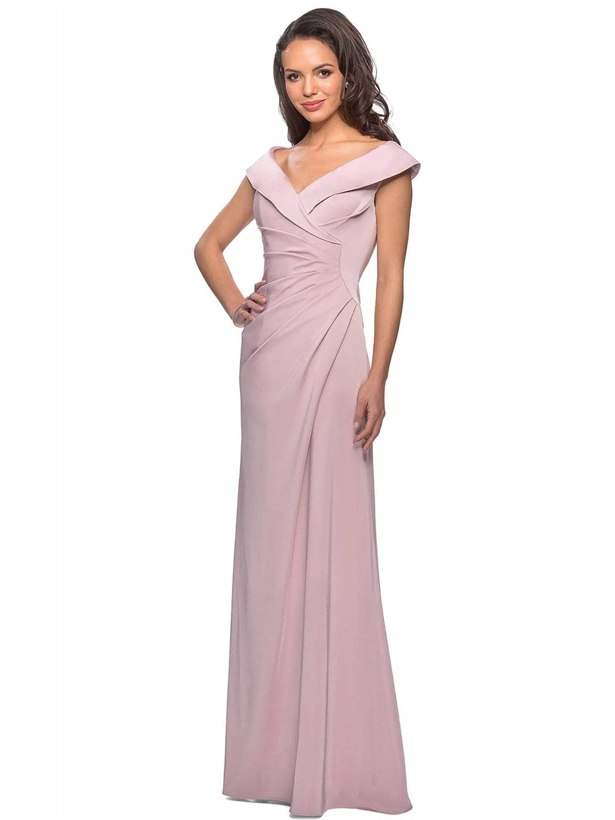 Blush off-shoulder ruched sheath formal dress, floor-length with draped shoulder detail
