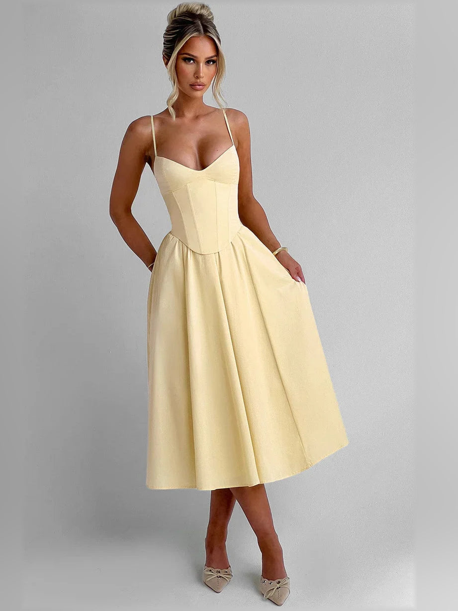 Sweetheart corset A-line tea-length formal dress in lemon-yellow, spaghetti straps.