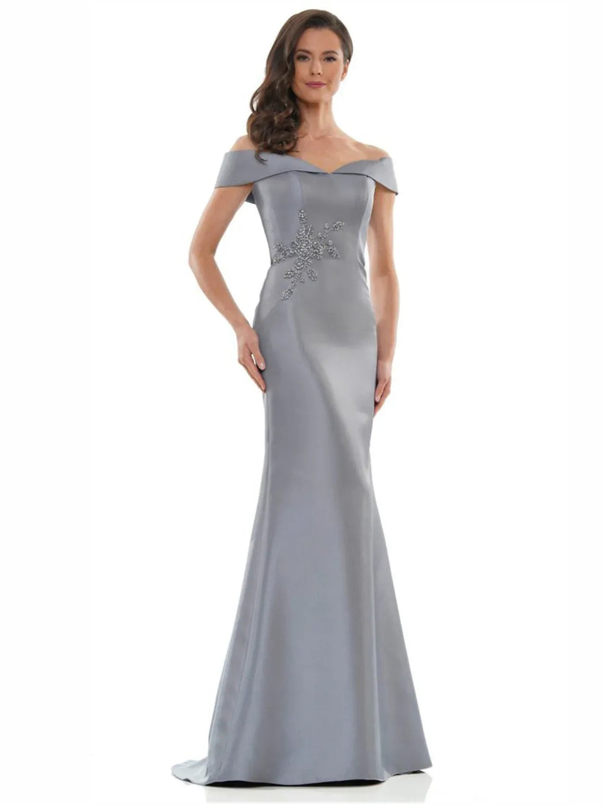 Silver off-shoulder mermaid gown with beaded chest detail, floor-length formal dress