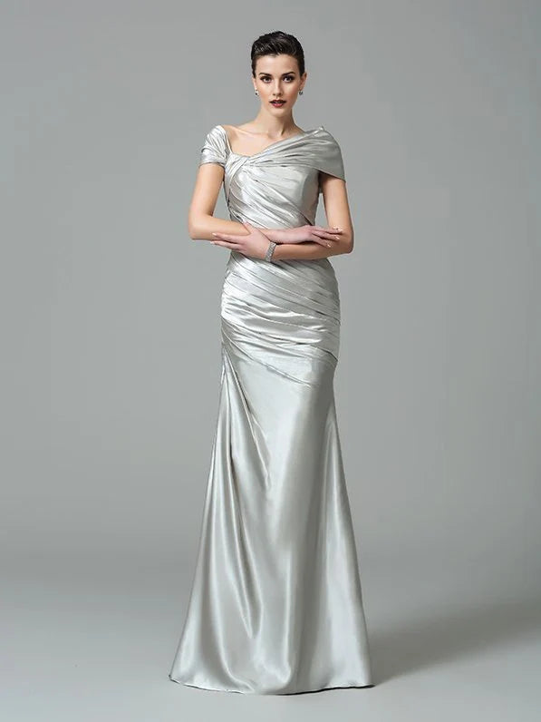Silver satin one-shoulder mermaid gown with gathered ruching and draped skirt