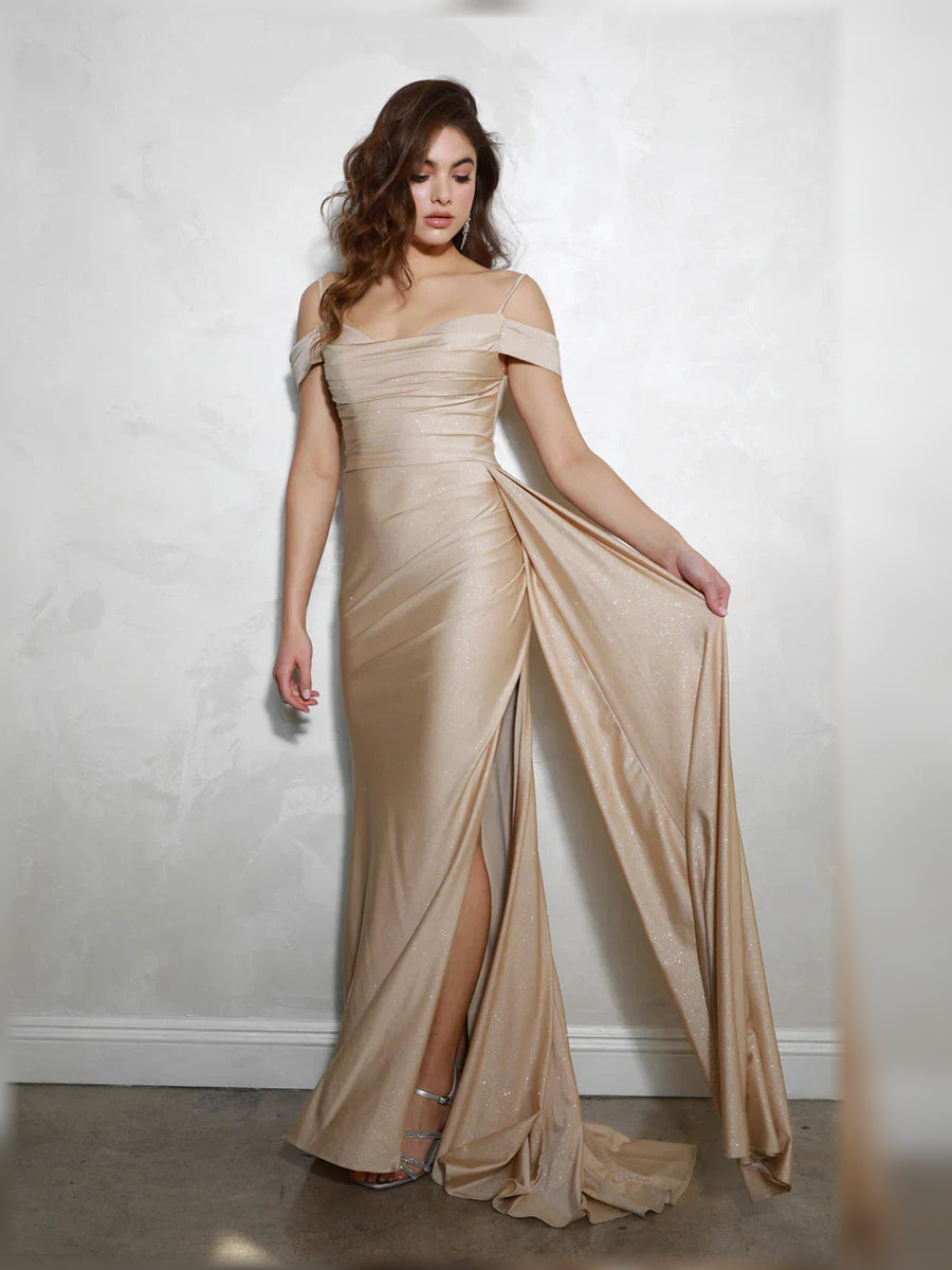 Champagne off-shoulder formal dress with ruched bodice, draped overlay, long slit.