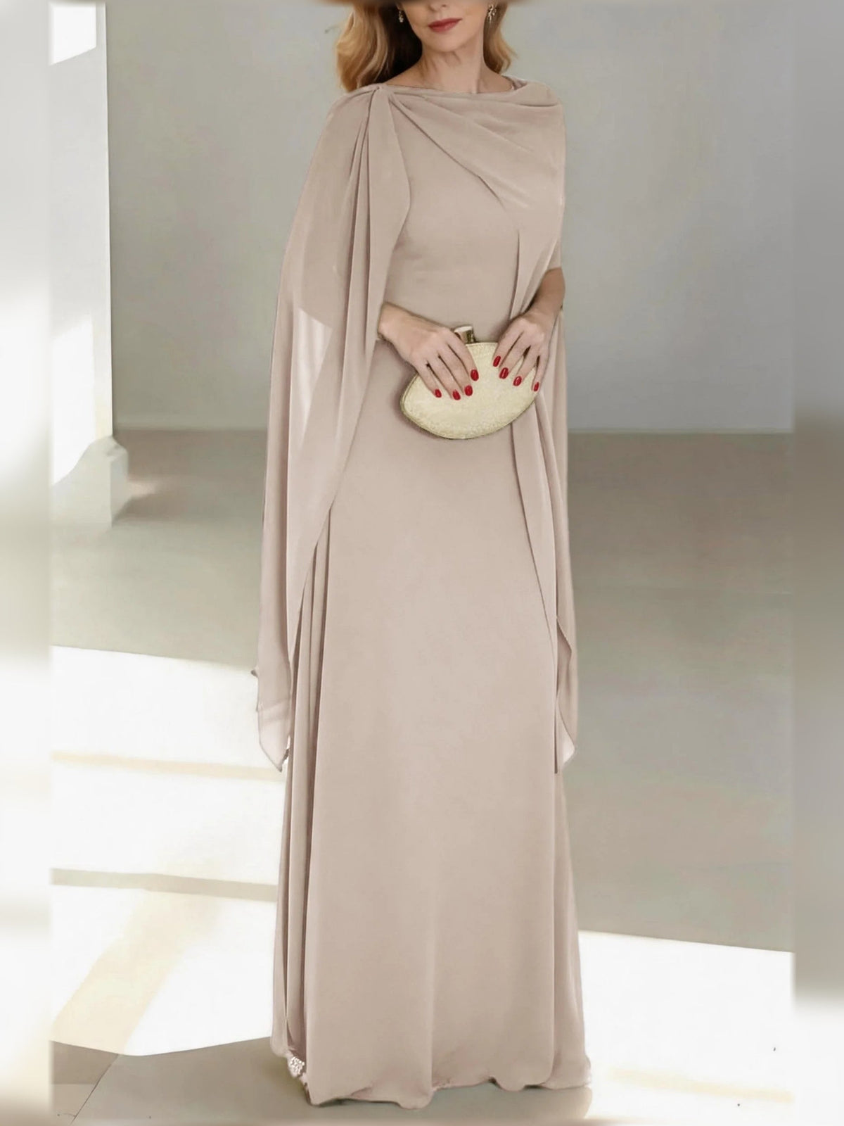 Champagne draped V-neck A-line chiffon mother of the bride dress, floor-length