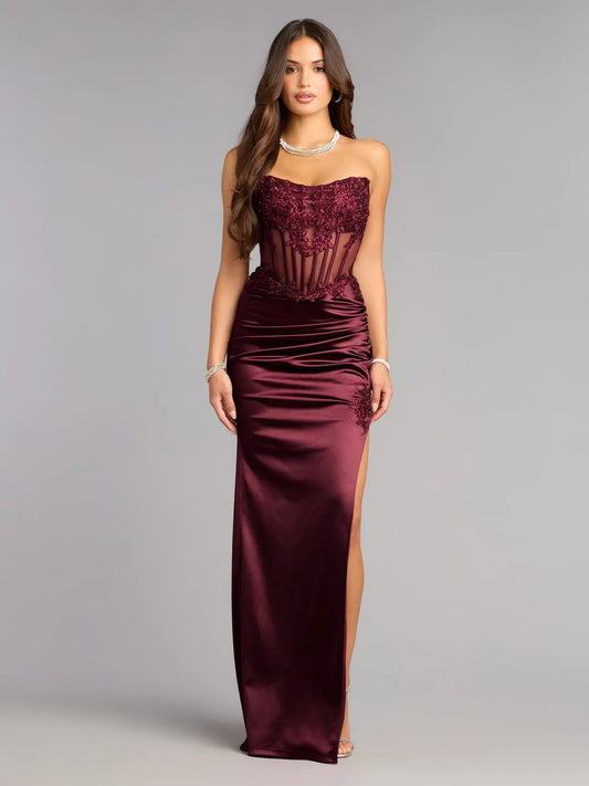Strapless wine satin column gown with appliqué bodice and side slit