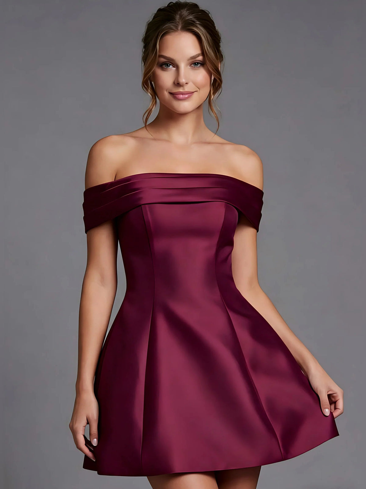 Wine satin off-shoulder mini A-line dress with corset-style bodice