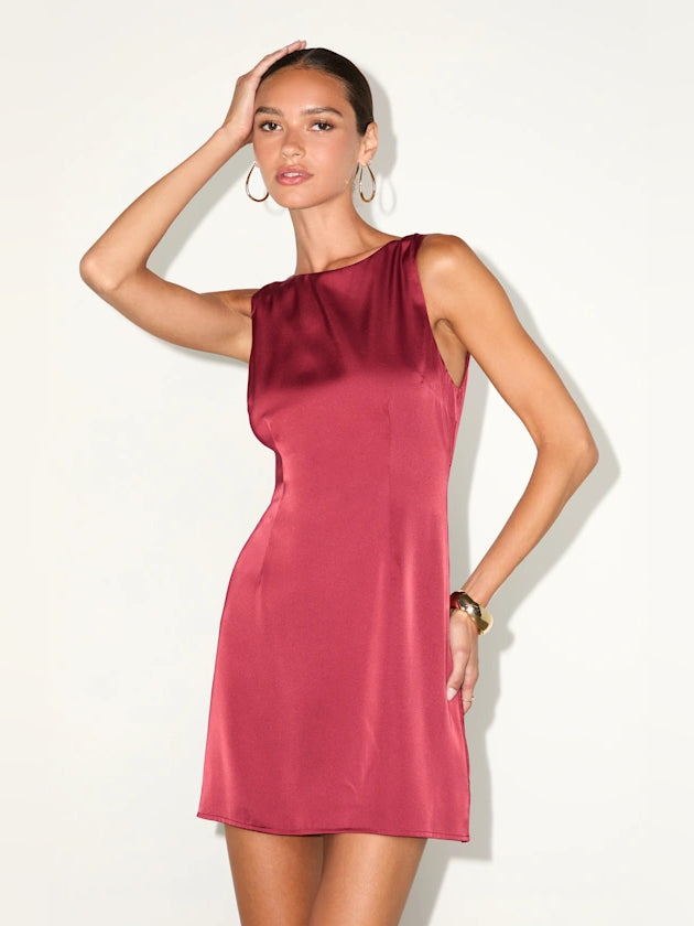 Wine red satin mini homecoming dress, sleeveless fitted waist and straight skirt.