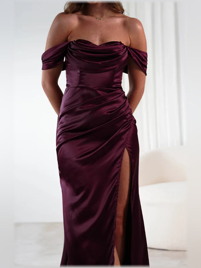 Wine off-shoulder satin sheath dress with draped neckline and front slit