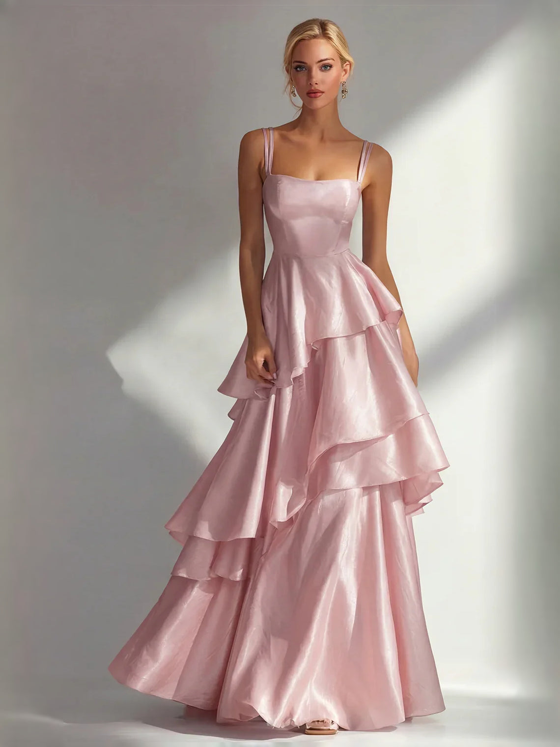 Light pink satin prom dress with square neckline, thin straps, and layered tiered ruffle skirt.