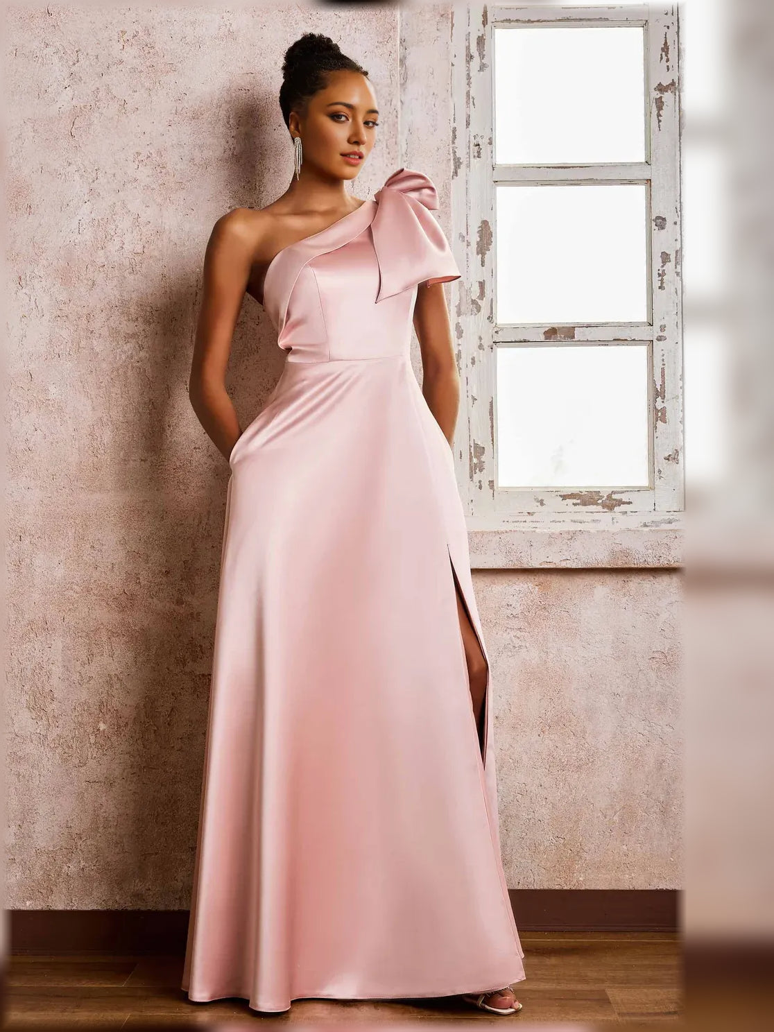 Light pink one-shoulder satin A-line floor-length formal dress with side slit