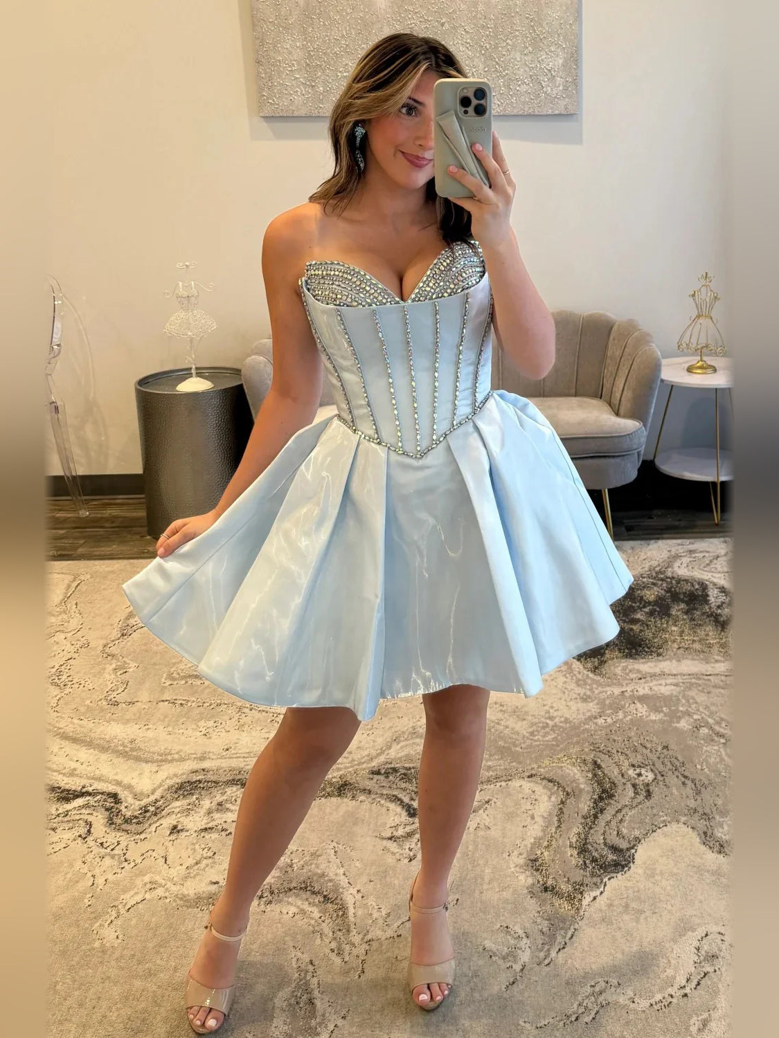 Light blue satin sweetheart corset A-line short dress with bow accents