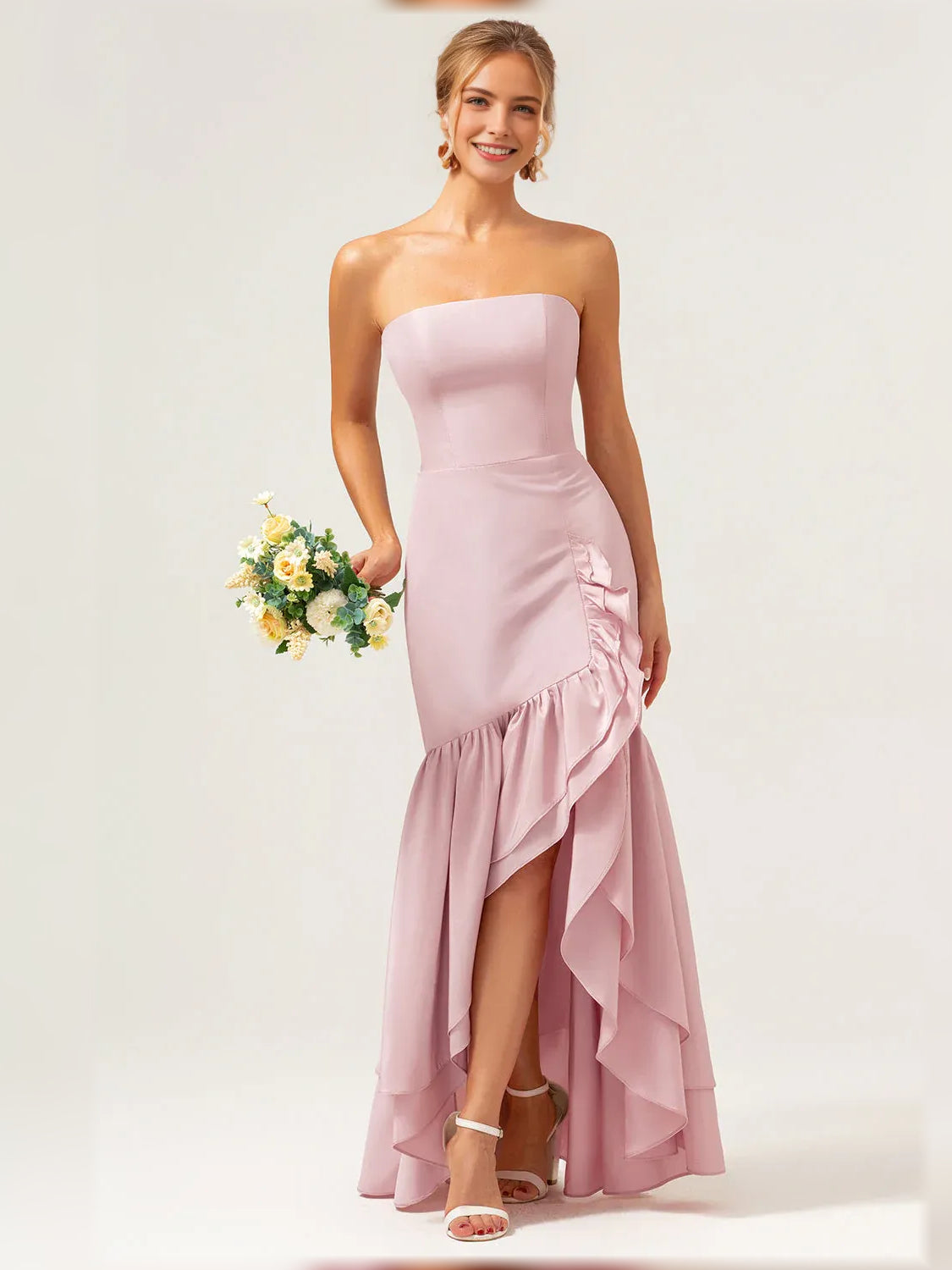Light pink strapless tiered ruffle formal dress with layered skirt hem