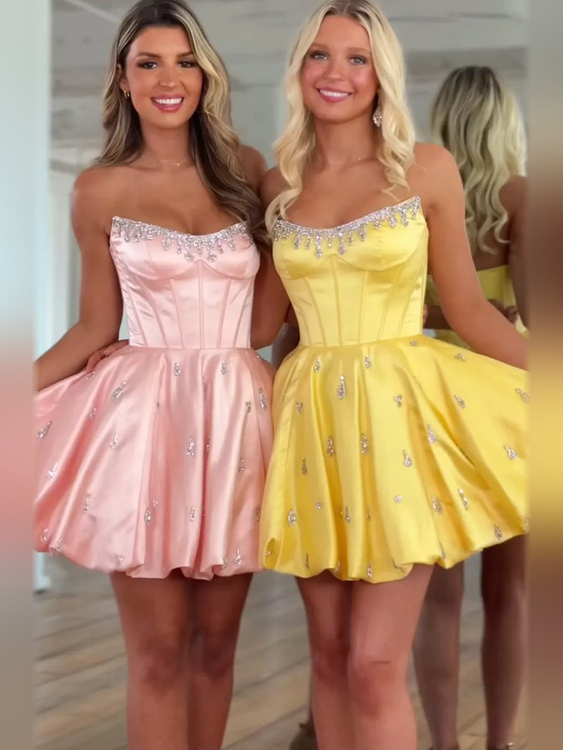 Pink & lemon satin sweetheart corset mini dress with crystal bead trim