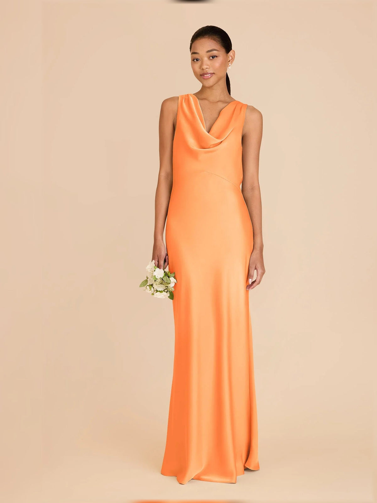 Apricot/orange satin cowl-neck sleeveless maxi dress with fitted bodycon fit