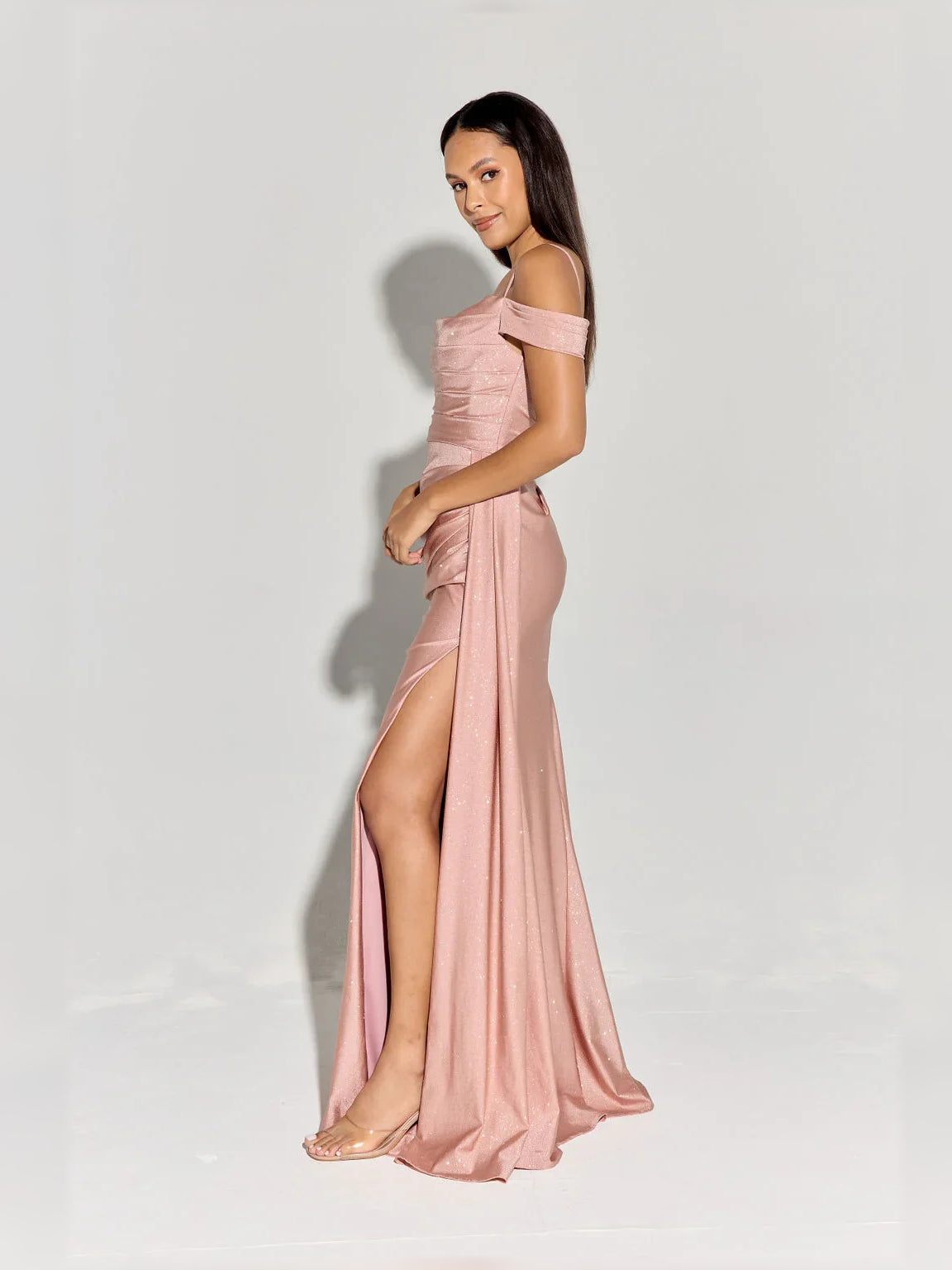 Peach off-the-shoulder ruching floor-length dress with high side slit