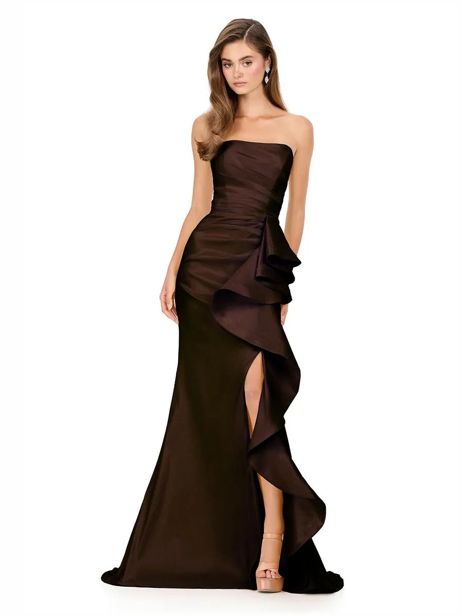 Chocolate brown strapless floor-length gown with ruching and asymmetrical ruffles