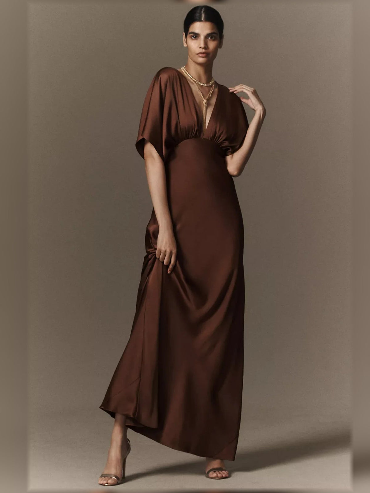 Chocolate brown satin column maxi dress with V-neck and short draped sleeves
