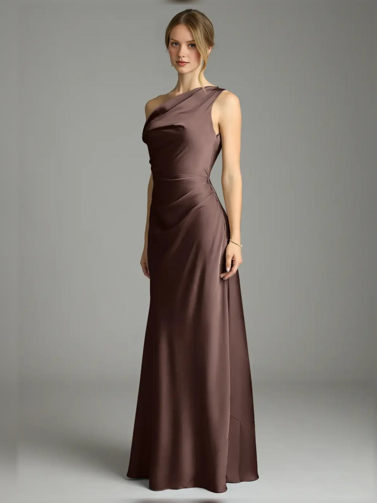 Chocolate satin off-shoulder mermaid gown with pleated drape, elegant fitted flare