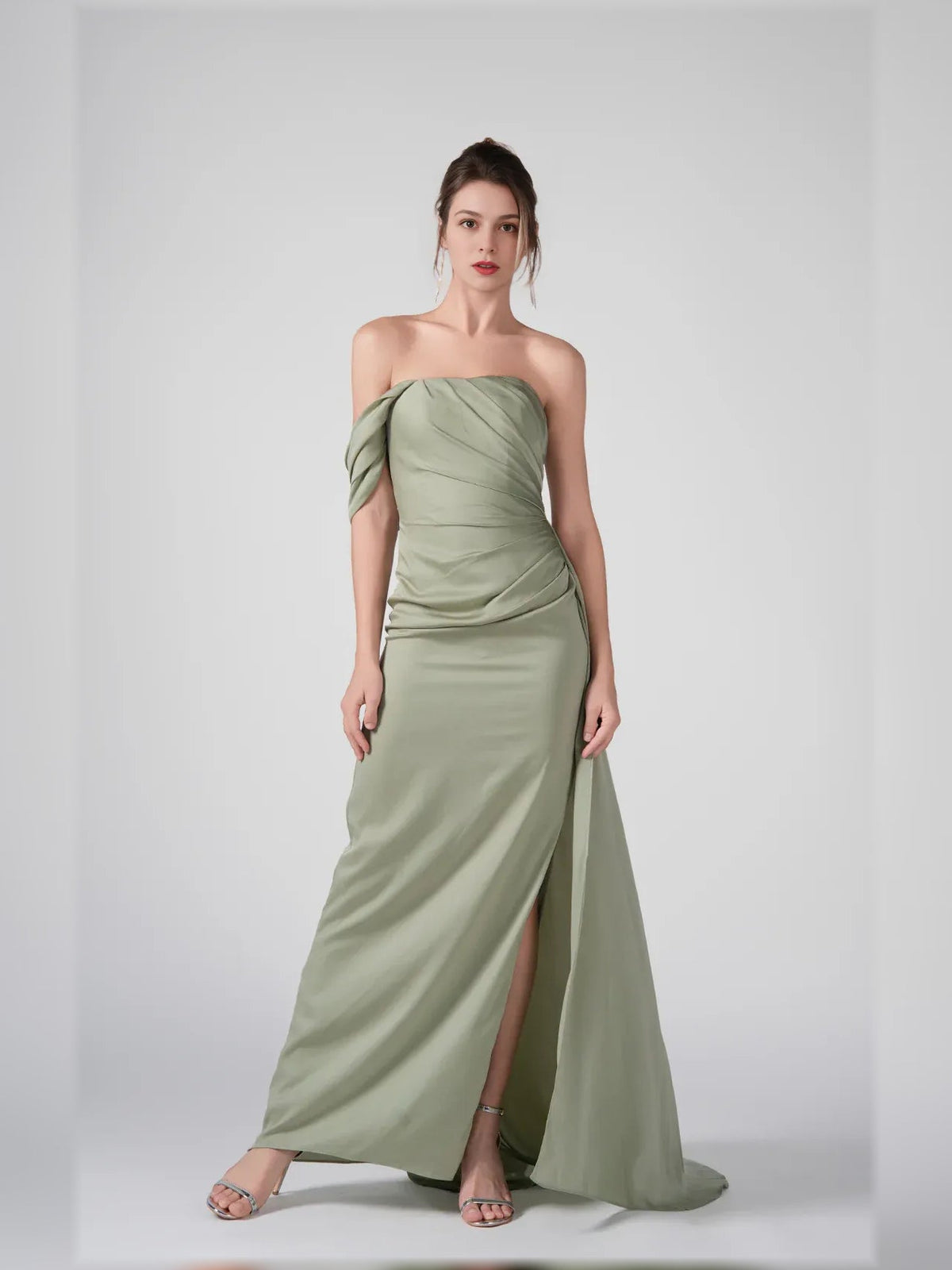 Dusty sage off-shoulder maxi dress with ruched bodice and side slit, draped sleeves