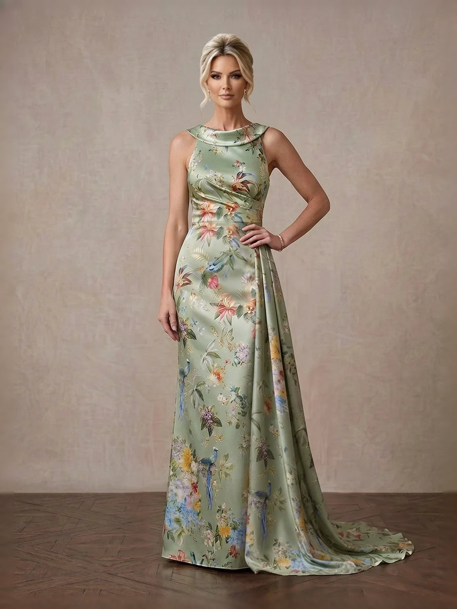 Sage green floral satin halter neckline sheath dress with draped waist, floor length