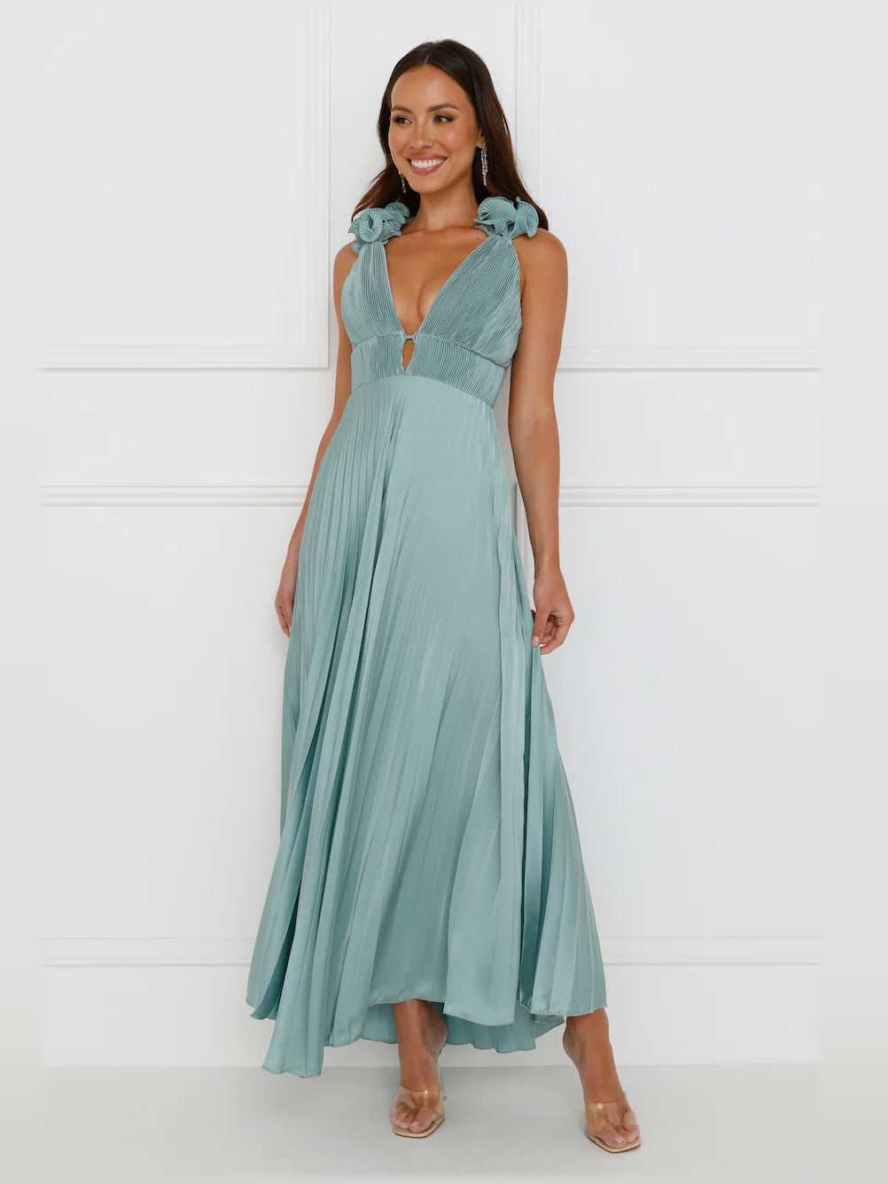 Sage satin midi formal dress with V-neck bodice and gathered waist, ruffle sleeves