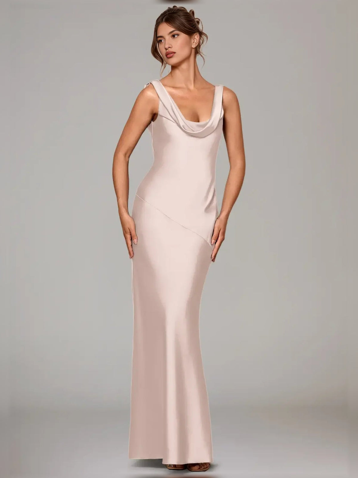 Blush pink satin cowl-neck floor-length bridesmaid dress with thin spaghetti straps