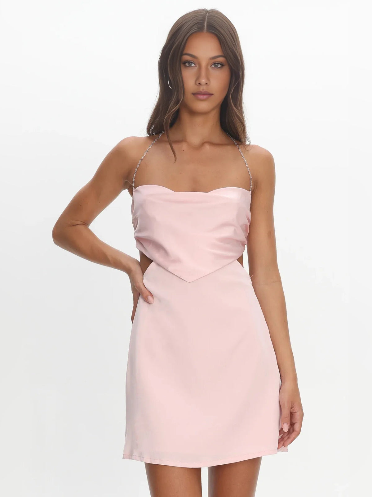 Blush pink satin mini dress with spaghetti straps and draped heart-shaped cut-out