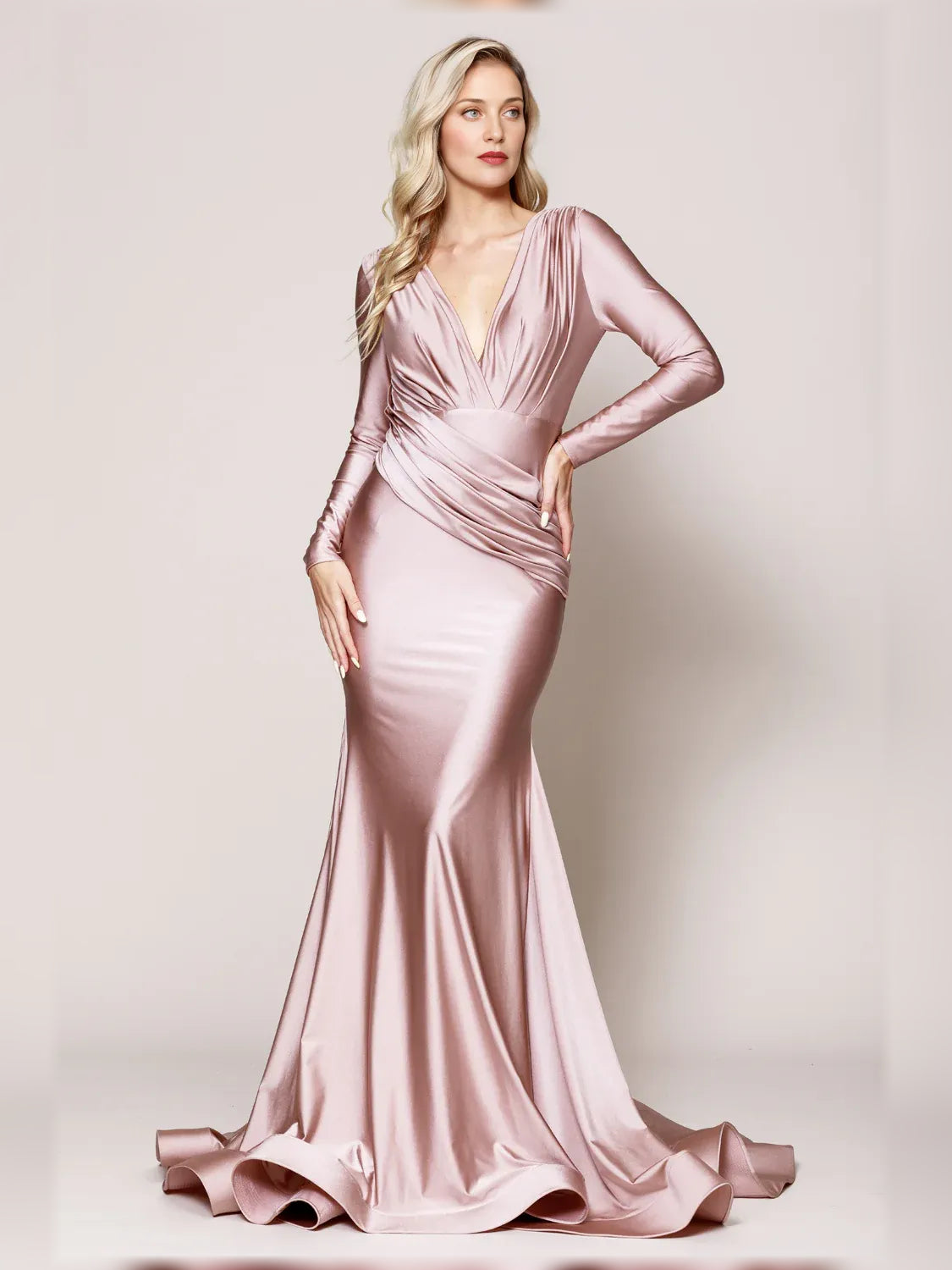 Blush pink floor-length V-neck ruched long-sleeve formal dress with draped hem