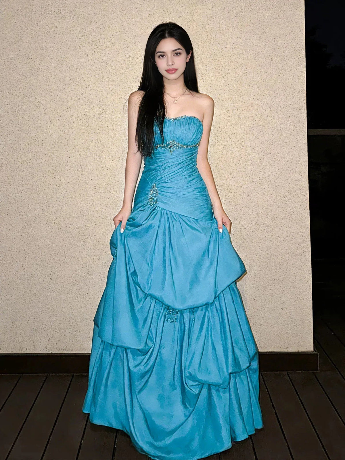 Teal satin sweetheart prom dress, ruched bodice and full tiered A-line maxi skirt