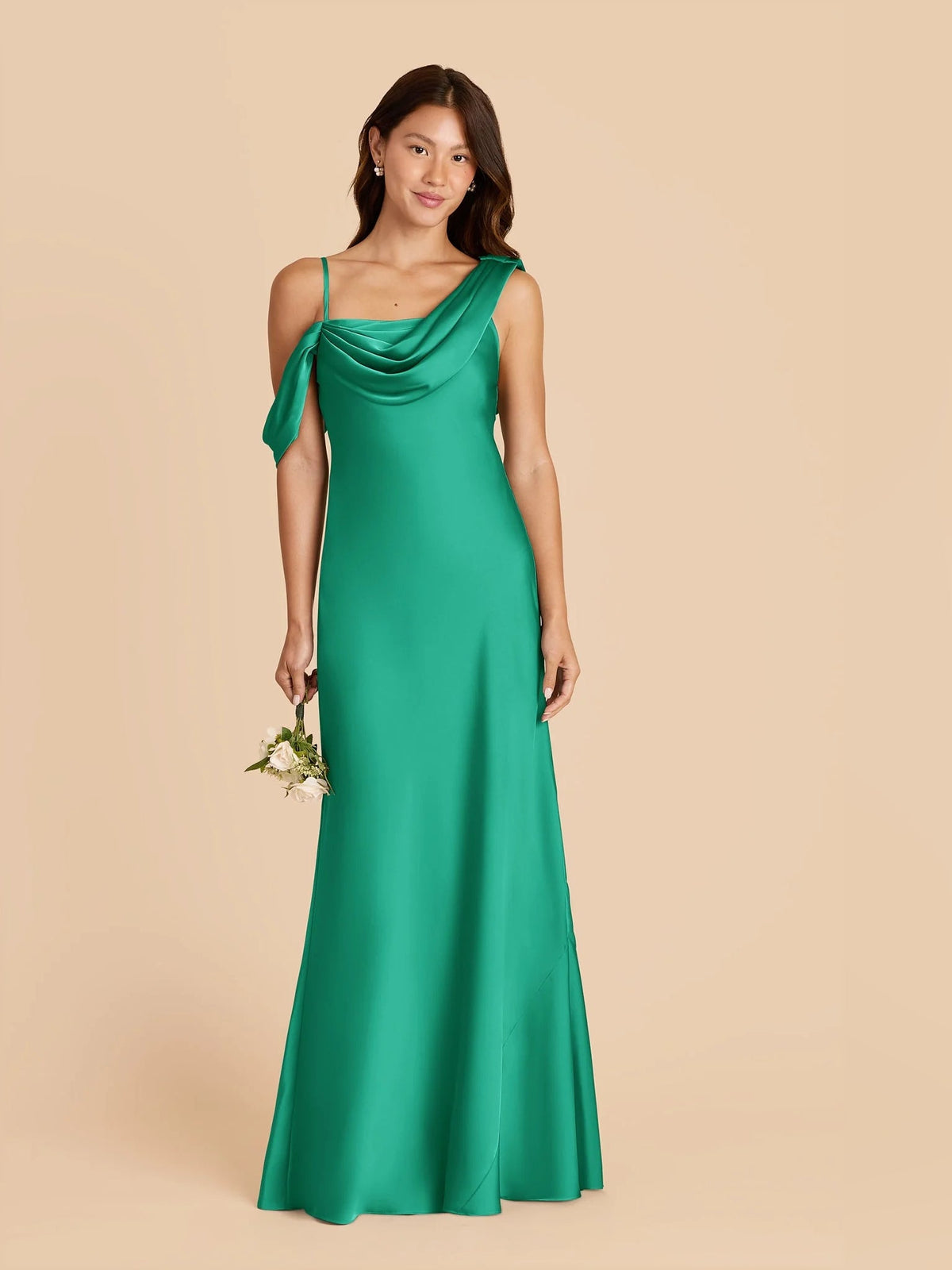 One-shoulder satin A-line formal dress in emerald green, draped cowl neckline