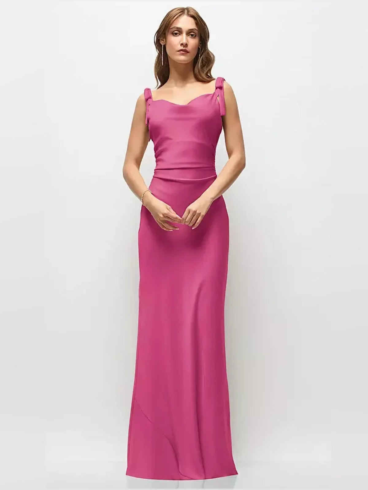Dusty rose satin maxi dress with bow-strap shoulders and ruched fitted bodice