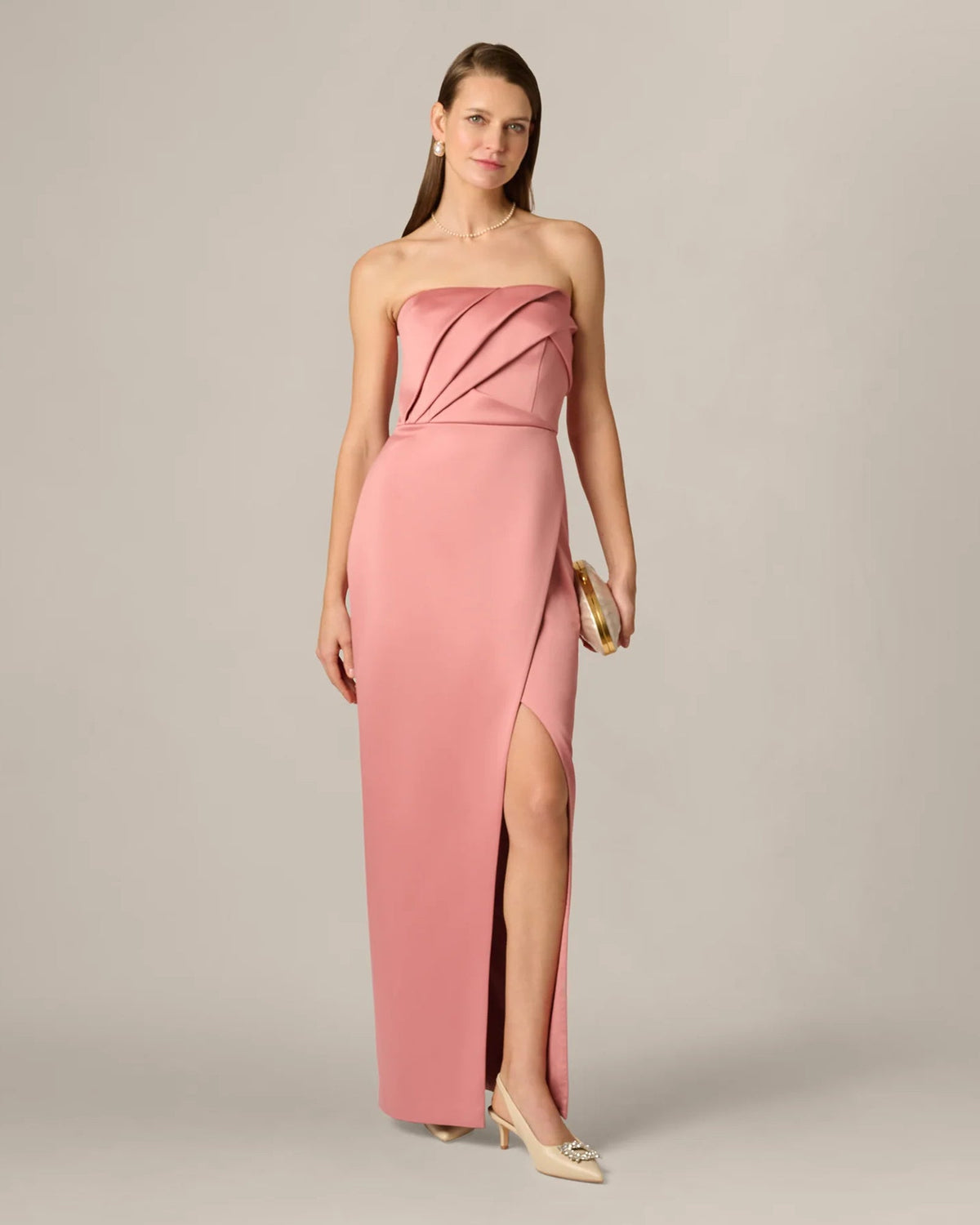 Rose strapless A-line maxi dress with diagonal pleats and front slit