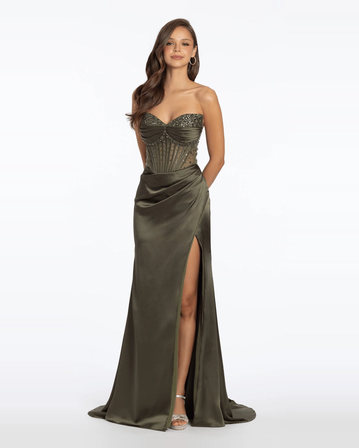 Olive green strapless column maxi dress with corset waist and front side slit