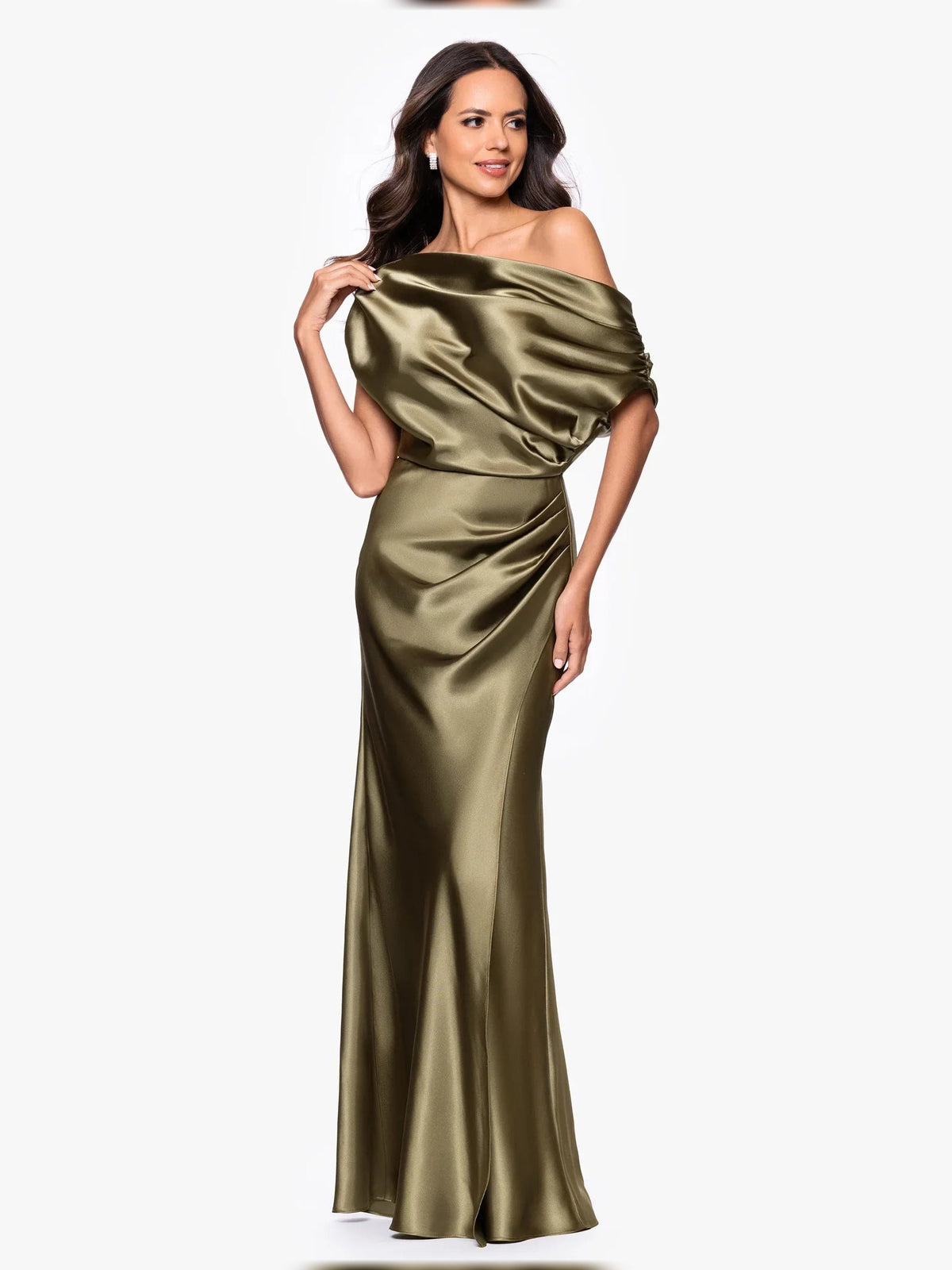 Olive satin one-shoulder draped mermaid gown, floor-length