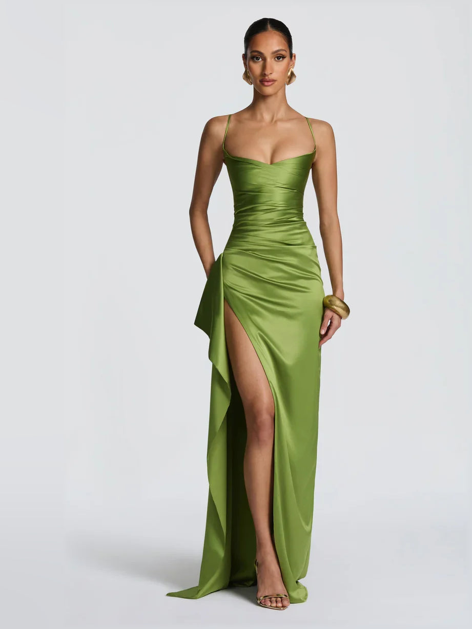 Olive green satin formal dress with spaghetti straps, ruched bodice, and slit