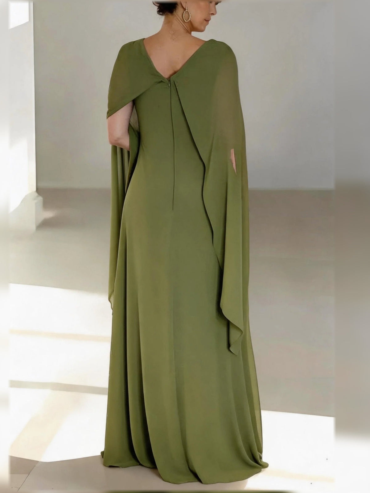 Olive green draped V-neck chiffon floor-length dress, open draped back
