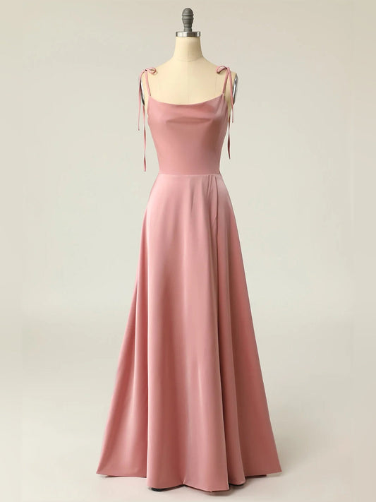 Dusty pink satin A-line maxi prom dress with cowl neck and layered drape skirt