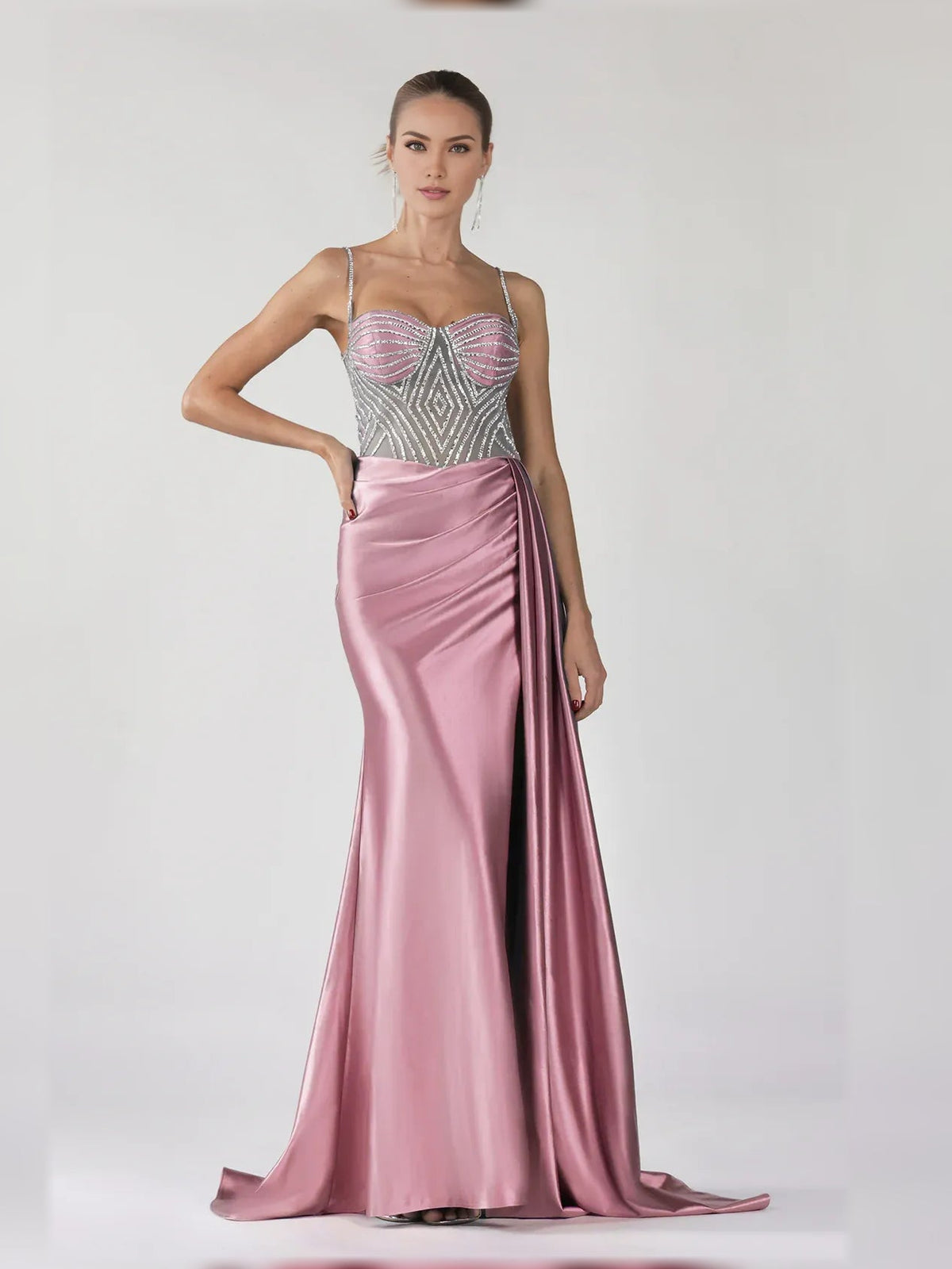 Dusty pink satin formal dress with sweetheart bodice, spaghetti straps, side slit
