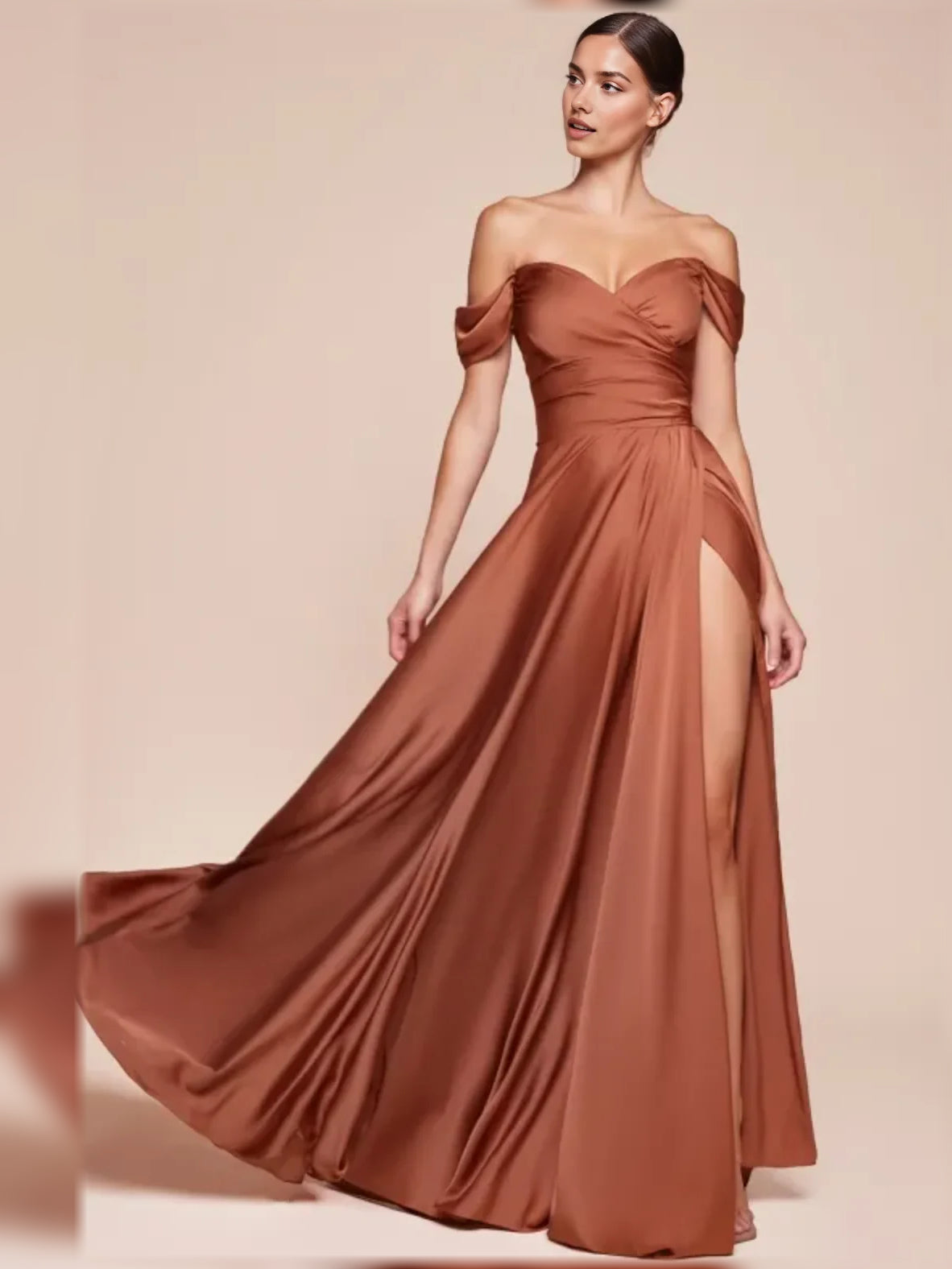 Bronze satin off-shoulder A-line dress with sweetheart neckline and flowing skirt