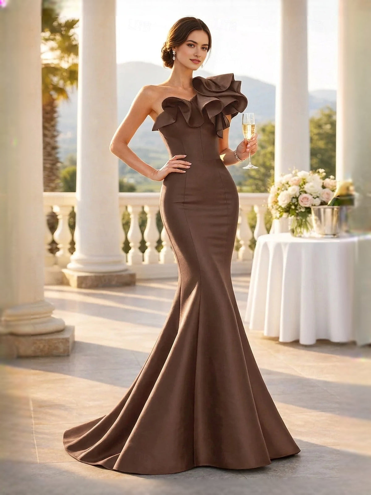 Brown satin one-shoulder mermaid midi prom dress with ruffled cut-out bodice