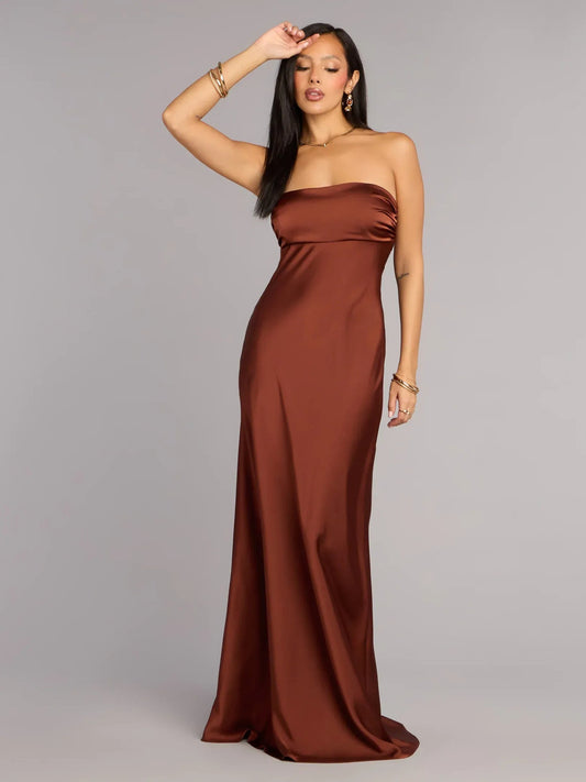 Brown strapless sheath formal dress with ruched bodice, floor-length satin