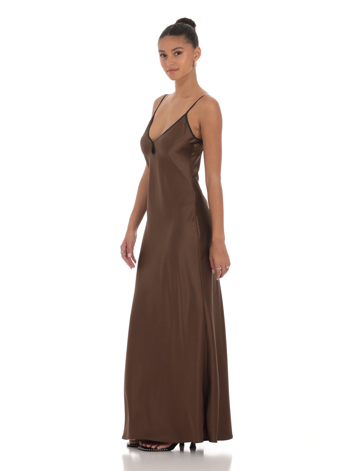 Brown A-line satin maxi dress with spaghetti straps and flowing skirt