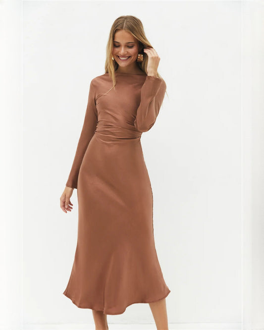 Terracotta satin A-line maxi dress, sleeveless, fitted ruched bodice, flared skirt